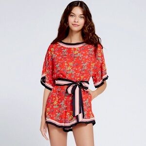 Alice + Olivia Red Bowie Floral Romper with Striped Waist Belt